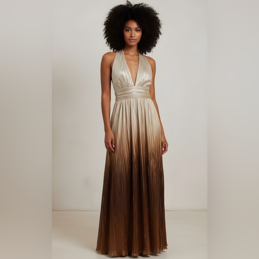 0099 Elegant Metallic Ombre Halter Maxi Dress